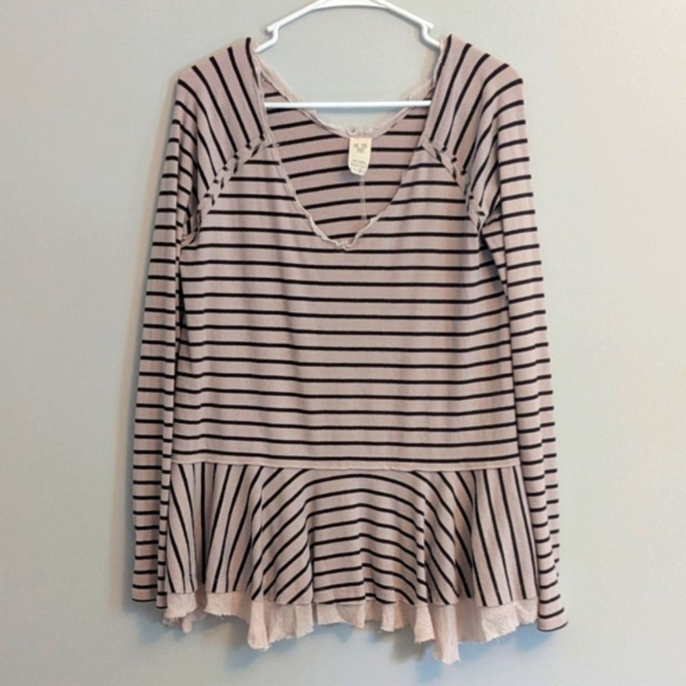 We the Free Striped Peplum Beige Brown Blouse Top Oversized Mesh Hem - Medium